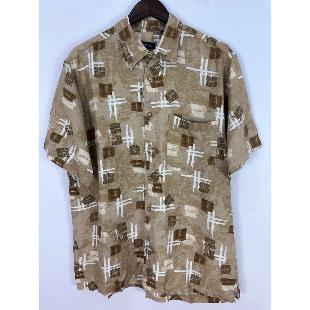 IZOD Button Down Shirt Mens Medium Tan Abstract Linen Blend Short Sleeve Safari